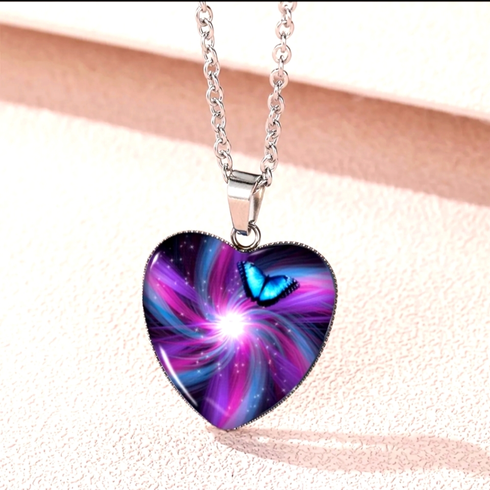 purple blue butterfly heart charm with chain